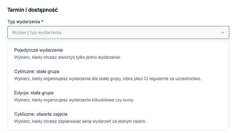 Lista typów wydarzeń w kalendarzu: Cykliczne: stała grupa, Edycja: stała grupa