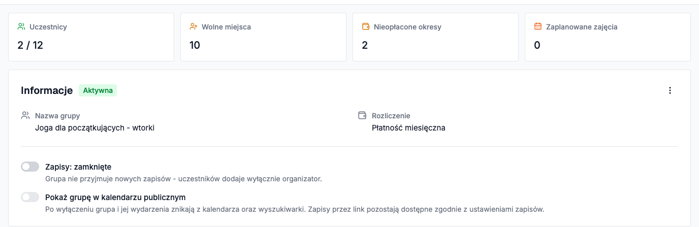 Karta grupy: liczba uczestników, wolne miejsca, nieopłacone okresy, zapisy i widoczność