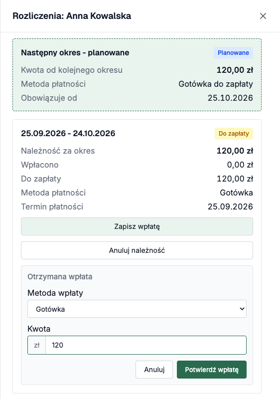 Historia rozliczeń uczestnika z formularzem Zapisz wpłatę