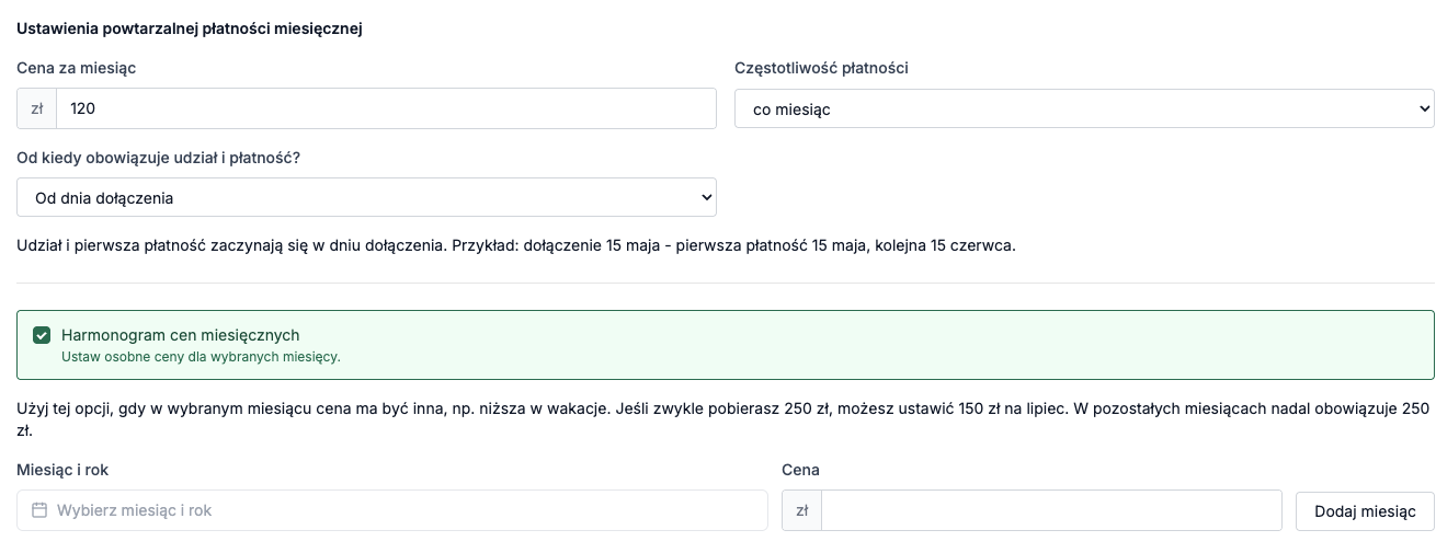Ustawienia płatności miesięcznej z włączonym harmonogramem cen miesięcznych