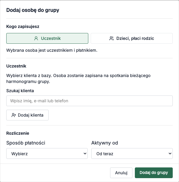 Okno Dodaj osobę do grupy z wyborem Uczestnik albo Dzieci, płaci rodzic
