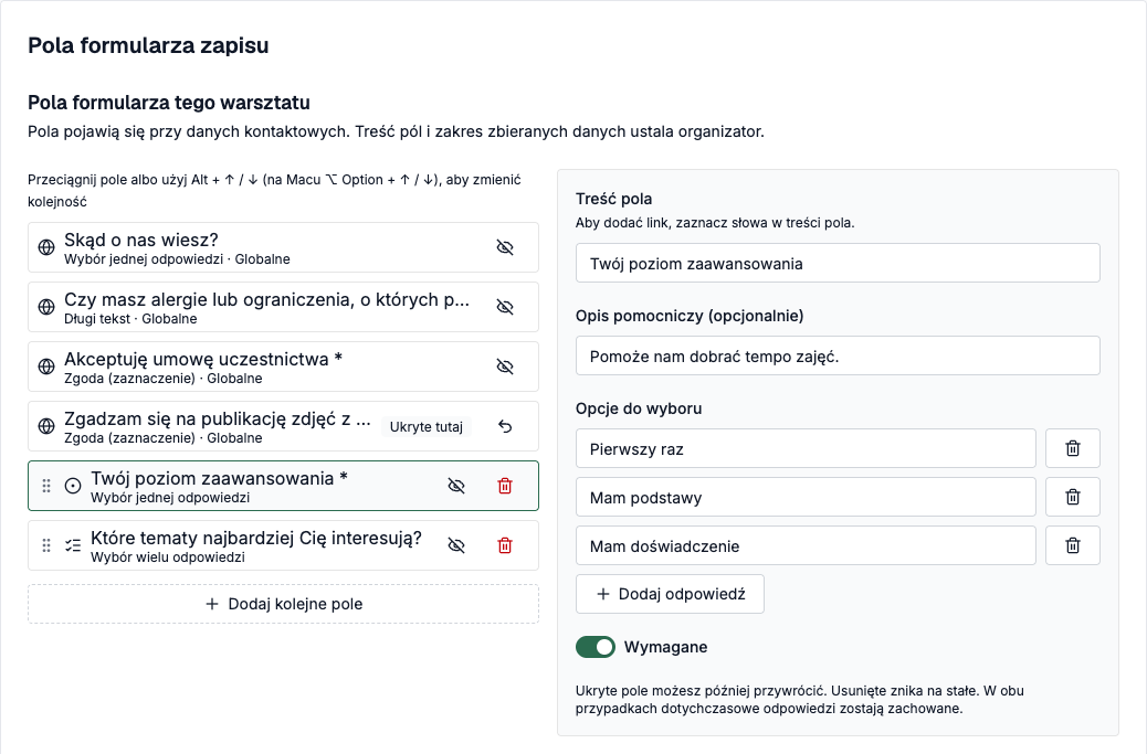Edycja pól warsztatu z polem oznaczonym Ukryte tutaj
