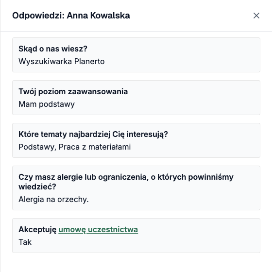 Okno z odpowiedziami uczestnika