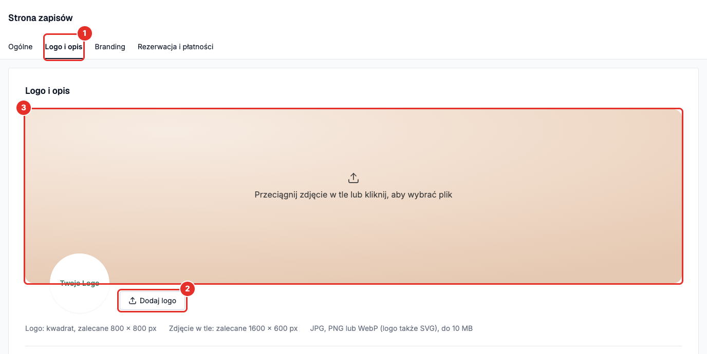 Zakładka „Logo i opis”: przycisk „Dodaj logo” i pole na zdjęcie w tle