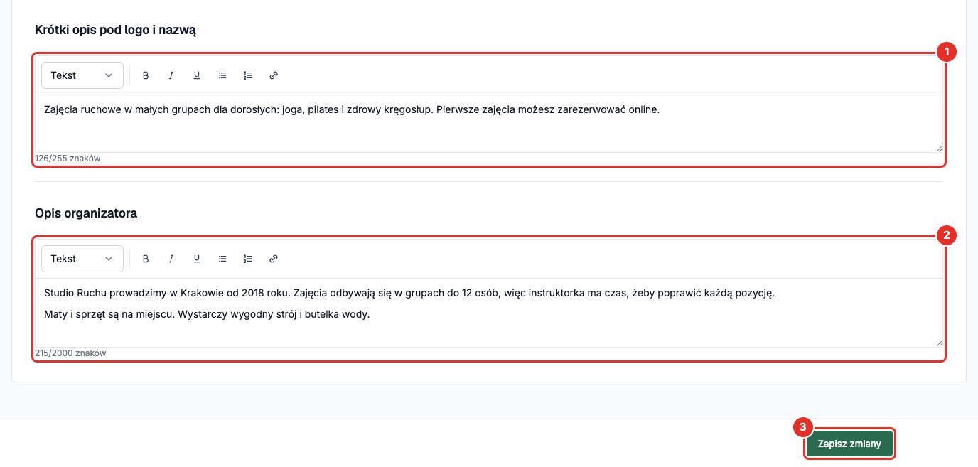 Pola „Krótki opis pod logo i nazwą” i „Opis organizatora” z licznikiem znaków
