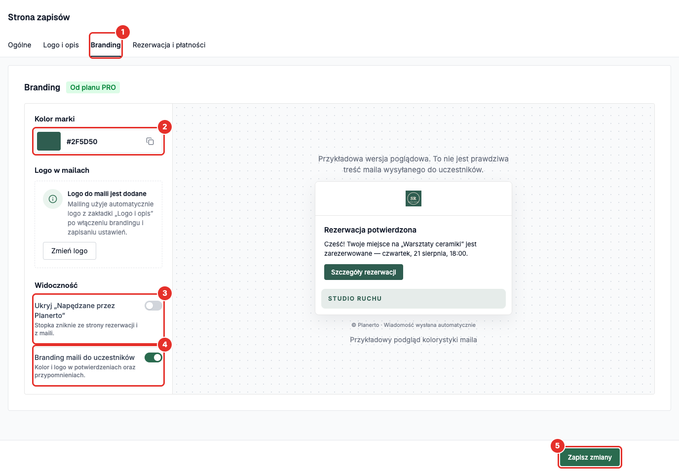Zakładka „Branding”: kolor marki, przełączniki widoczności i podgląd maila