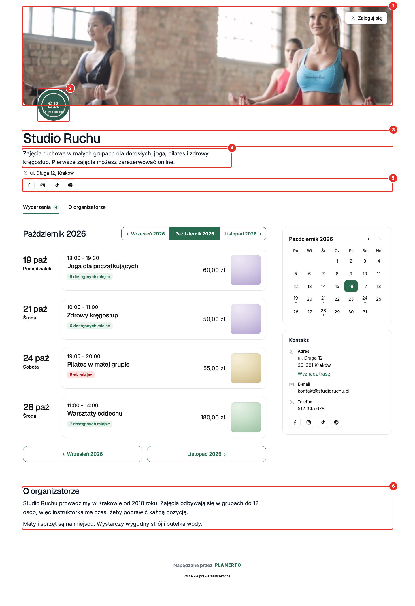 Publiczna strona zapisów „Studio Ruchu” z oznaczonymi elementami