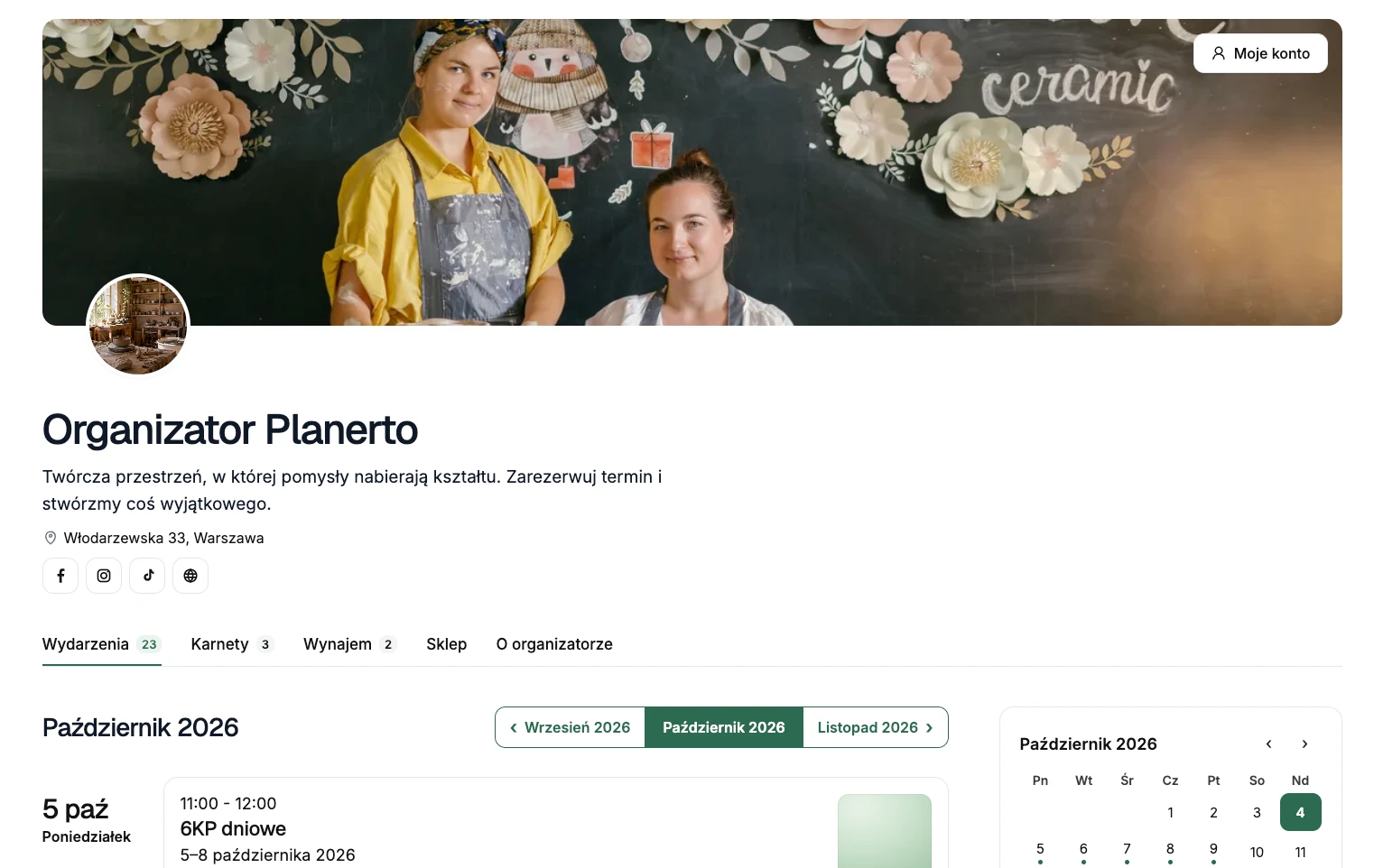 Strona zapisów Planerto - strona organizatora z kalendarzem wydarzeń
