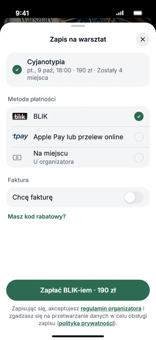 Zapis na warsztat w aplikacji Planerto z płatnością BLIK-iem