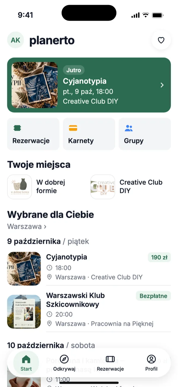 Aplikacja Planerto dla uczestników - ekran startowy z listą wydarzeń