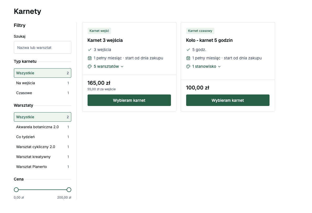 Karnety w Planerto — karta karnetu i wejścia