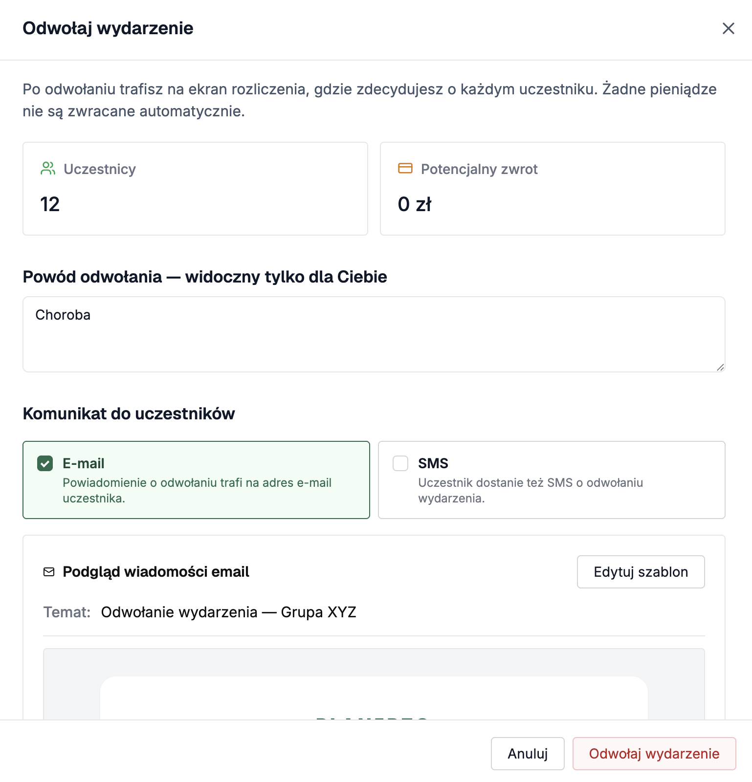 Odwołanie wydarzenia i lista rezerwowa w Planerto