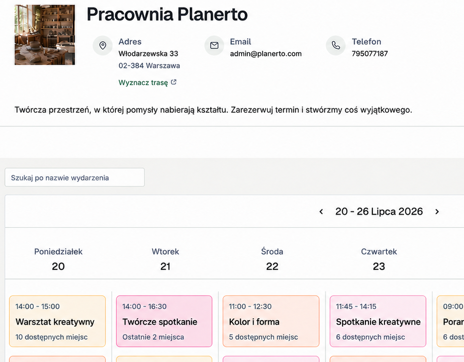 Publiczna strona zapisów pracowni w Planerto - kalendarz z terminami i wolnymi miejscami