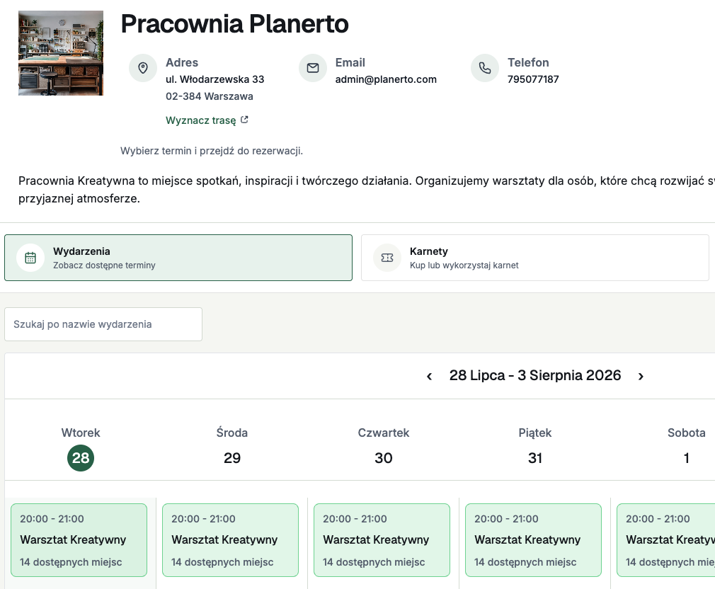 Kalendarz zapisów Planerto osadzony na stronie WWW pracowni