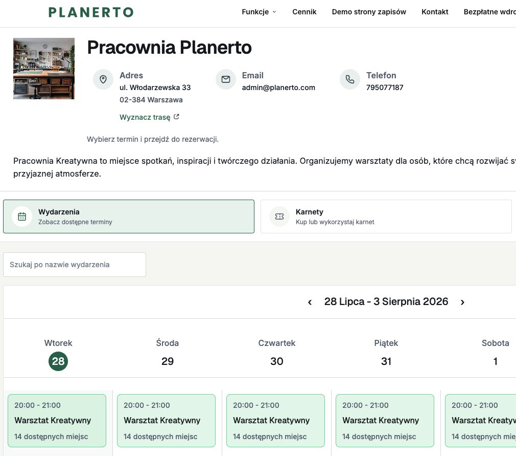 Kalendarz zapisów Planerto osadzony na stronie WWW pracowni
