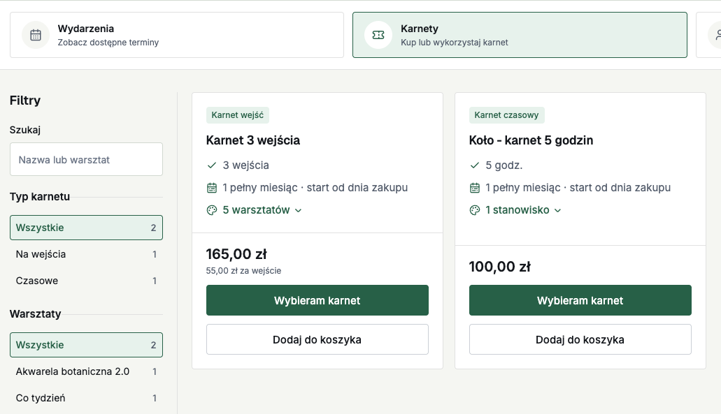 Oferta karnetów na stronie zapisów pracowni z przyciskiem zakupu online